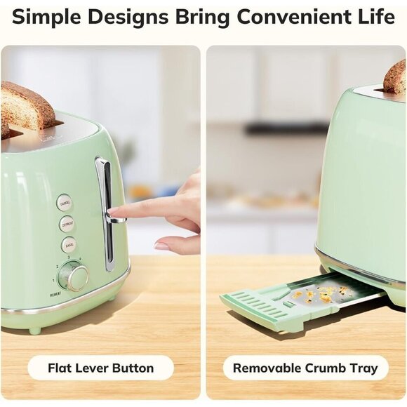 2SliceToaster Retro Stainless green Steel Toaster with Bagel Bread Shade Setting - Picture 5 of 7